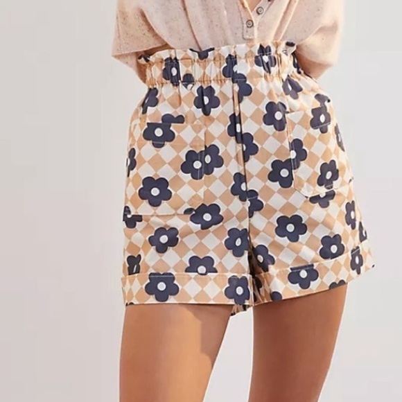 Maeve Anthropologie Checkered Retro Flowered Paper Bag Pull Shorts SIZE XS - Picture 1 of 5